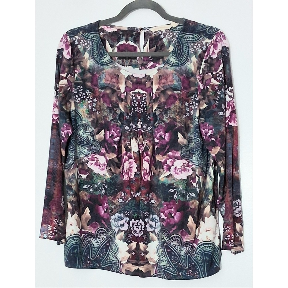Soft Surroundings Top Women's PM Petite Floral Pleated Front Keyhole Back Preown